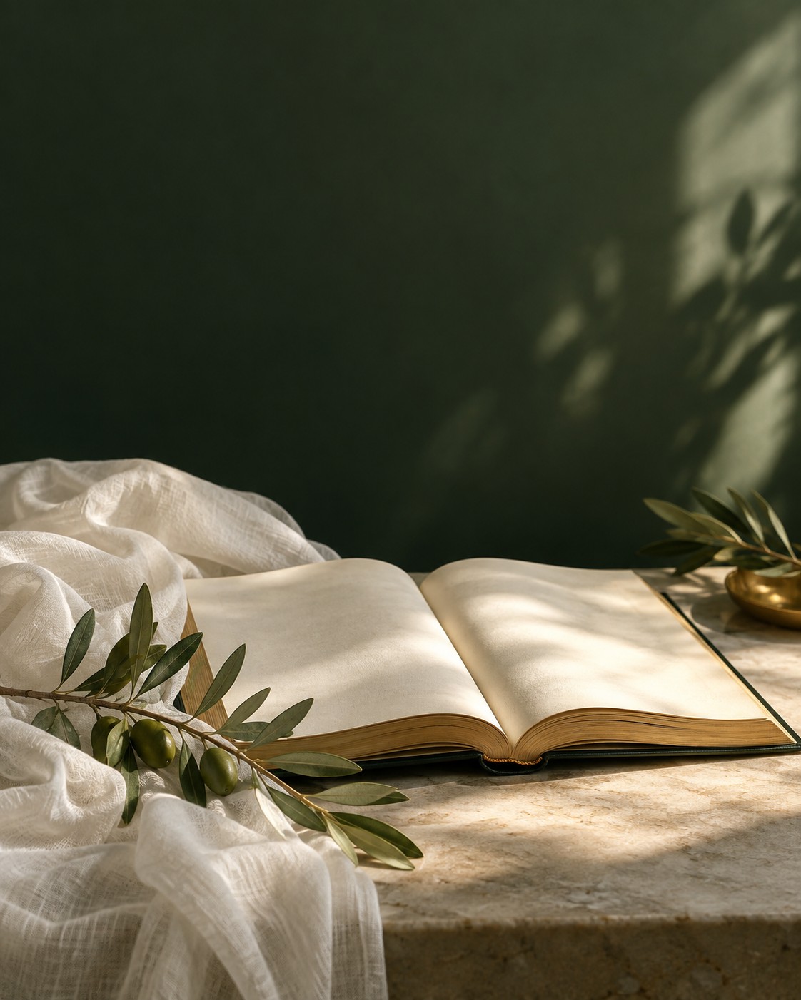 Livro aberto, tecido branco e ramos de oliveira iluminados por uma luz suave